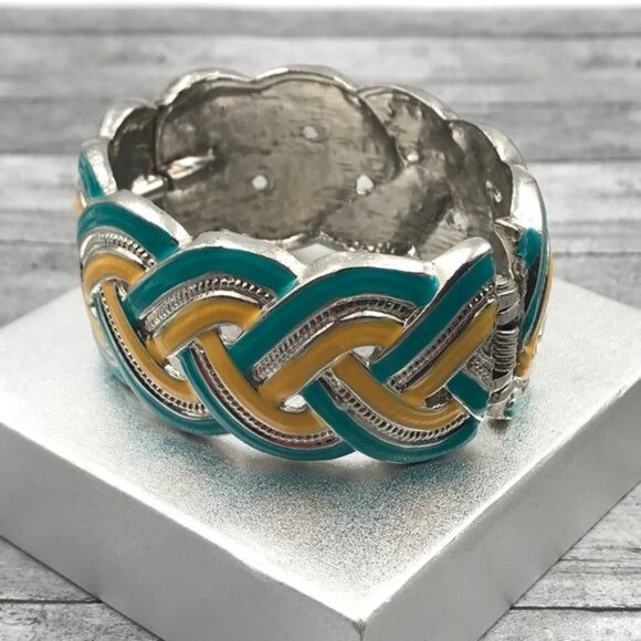 Bracelet Braided Yellow and Green Enameled Silver-tone Metal Wide Hinged - Picture 3 of 5